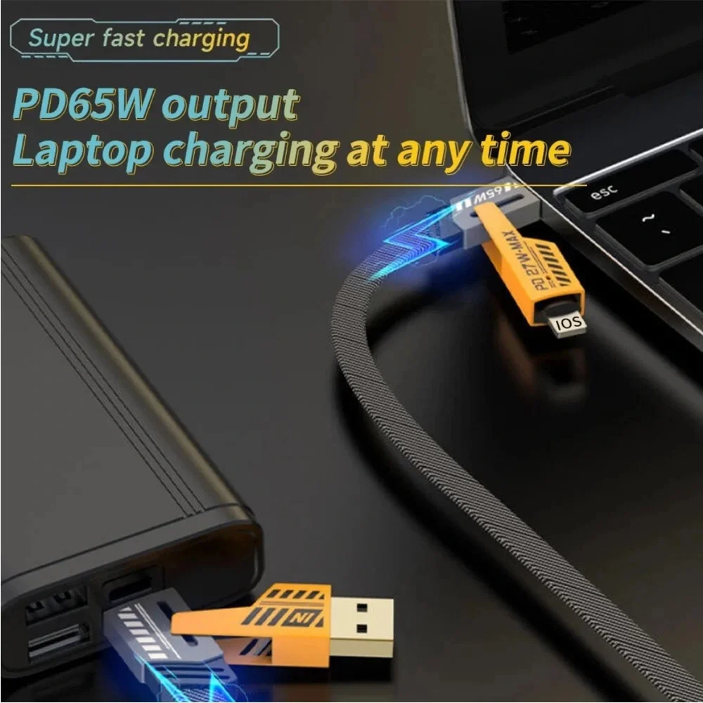 🆕4-in-1 USB TYPEC 6FT Cable 65W Fast Charging Flat Braided Anti-Tangle Universal